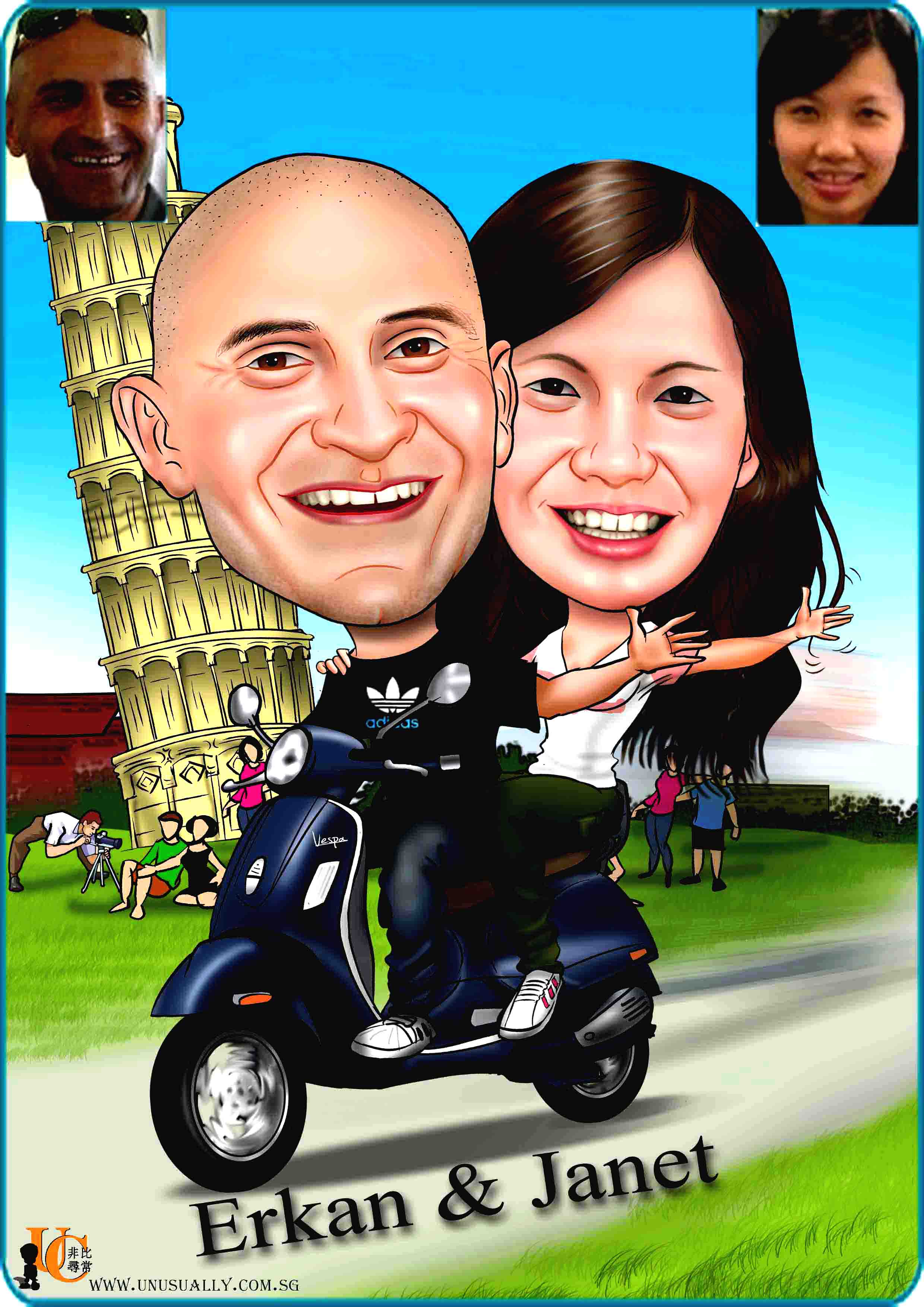Digital Caricature Drawing - Sweet Lovely Couple On Vespa Theme